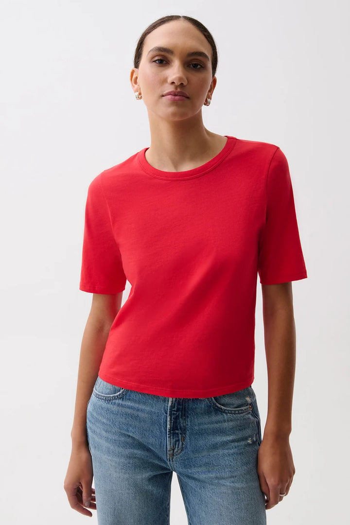 Pistola Melika Quarter Sleeve Crew Neck Tee in Negroni, front view, model wearing red crewneck tee with light wash jeans.