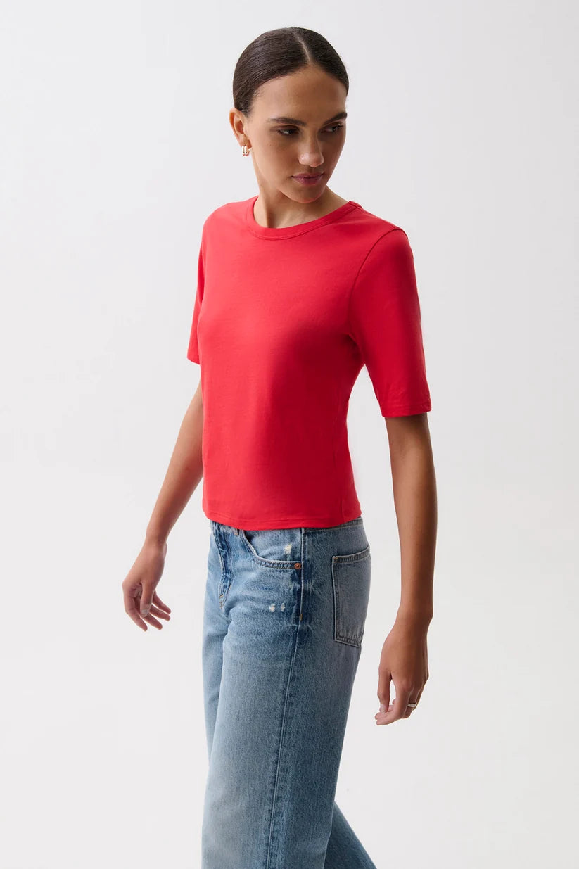 Pistola Melika Quarter Sleeve Crew Neck Tee in Negroni, side/three-quarter view, showing fitted silhouette and quarter sleeve length.