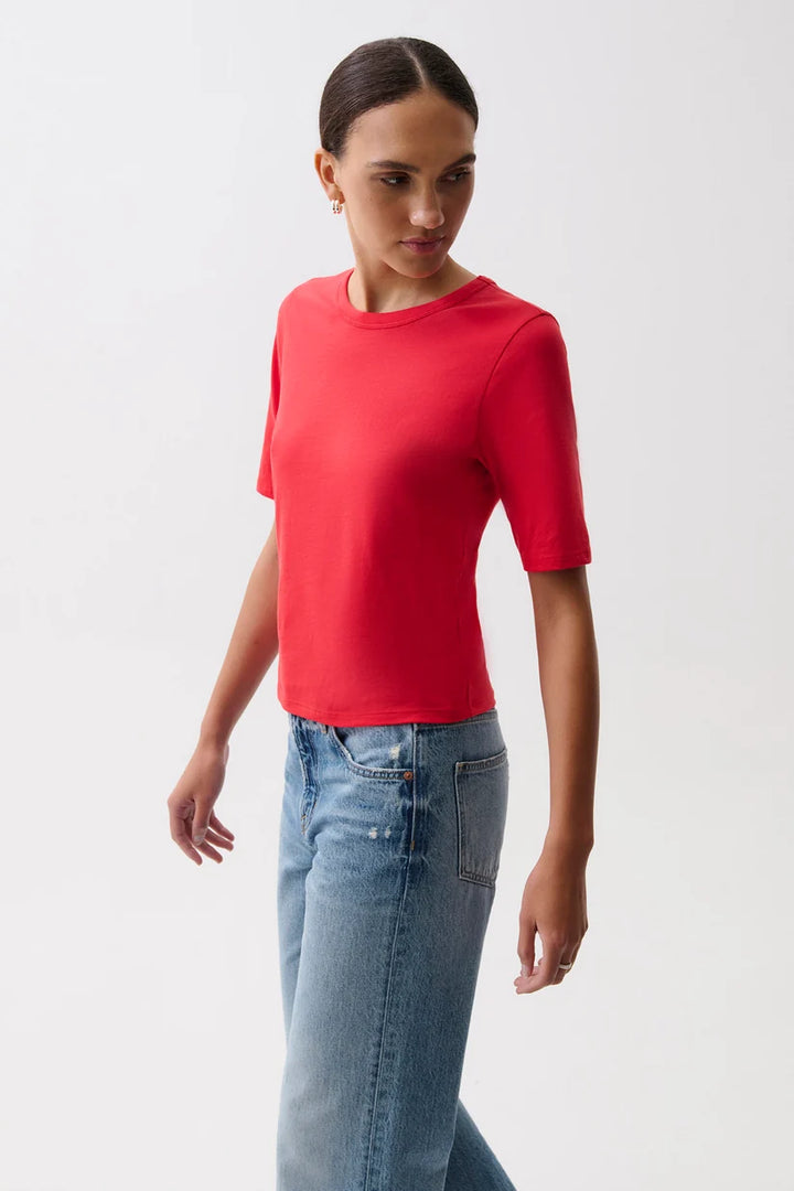 Pistola Melika Quarter Sleeve Crew Neck Tee in Negroni, side/three-quarter view, showing fitted silhouette and quarter sleeve length.