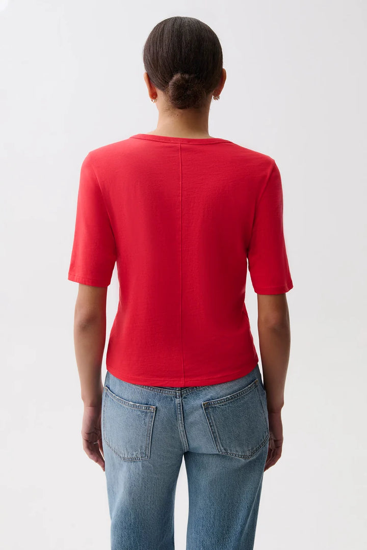 Pistola Melika Quarter Sleeve Crew Neck Tee in Negroni, back view, showing center back seam and cropped hem.