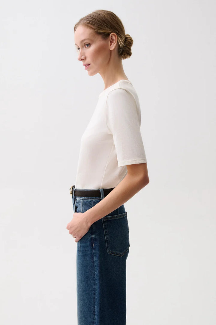 Pistola Melika Quarter Sleeve Crew Neck Tee in Soft White, side profile view, showing quarter sleeve and fitted shape.