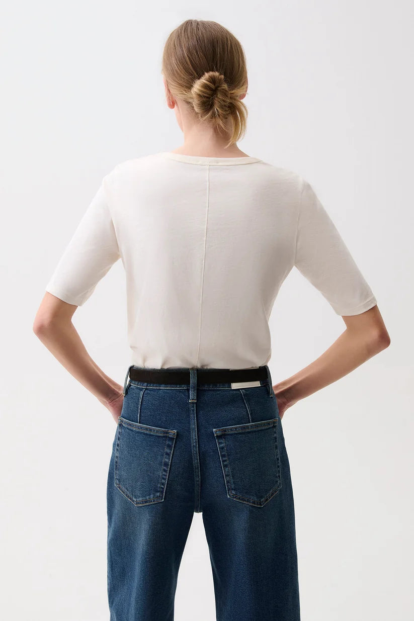 Pistola Melika Quarter Sleeve Crew Neck Tee in Soft White, back view, showing center back seam and shoulder fit.