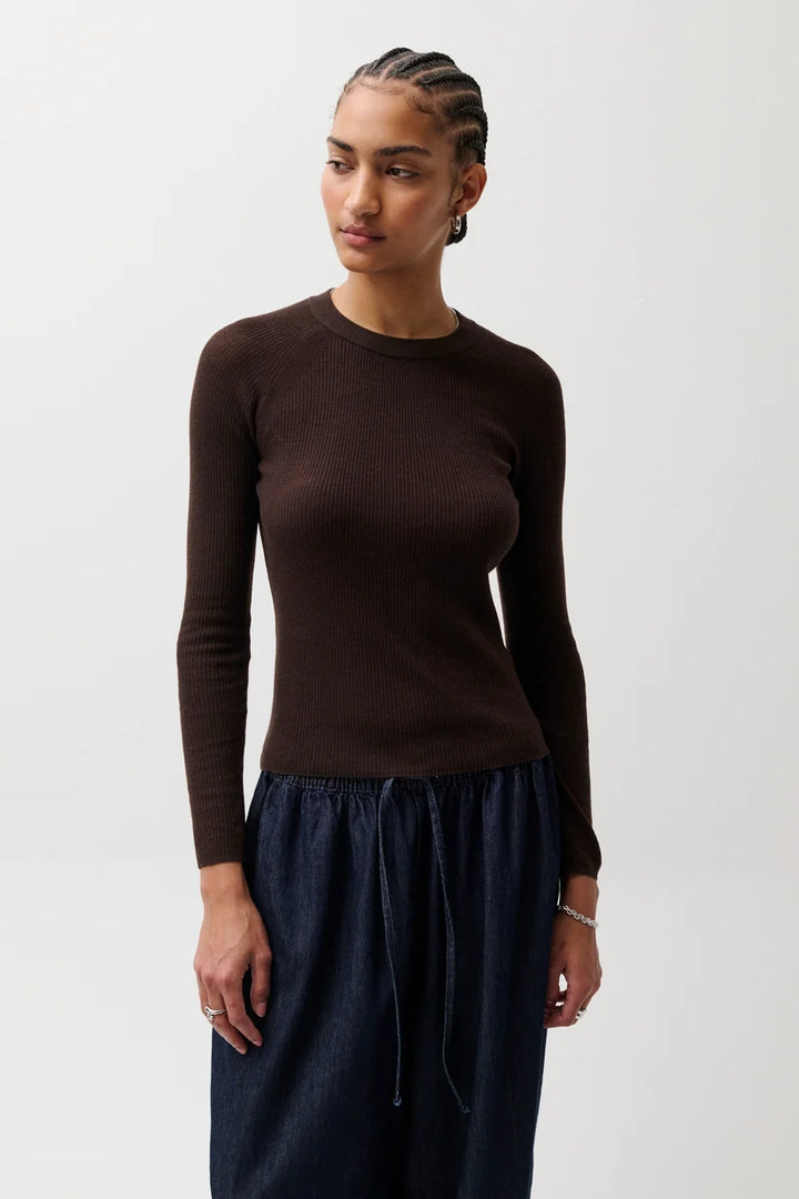 Pistola Juno Feather Weight Sweater Mocha — front view, close-up on model