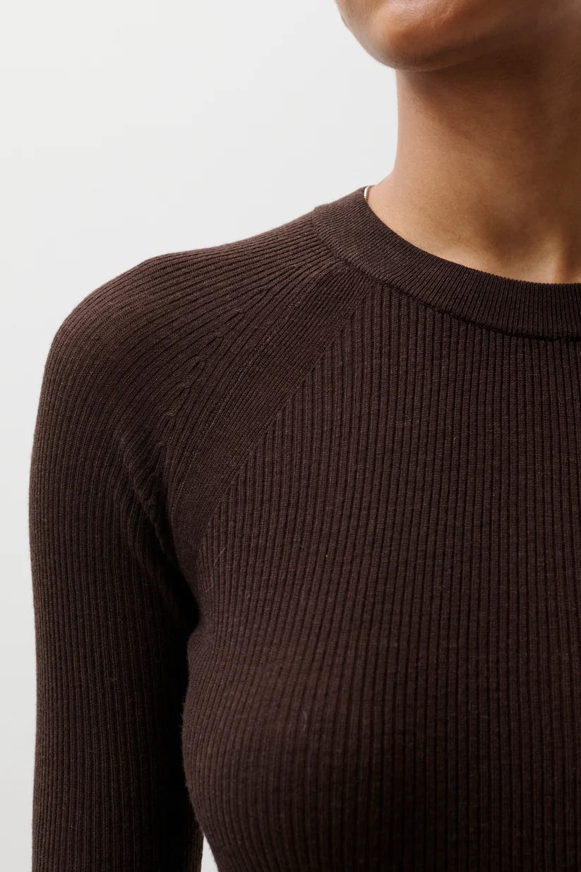 Pistola Juno Feather Weight Sweater Mocha — close-up detail, neckline and shoulder seaming