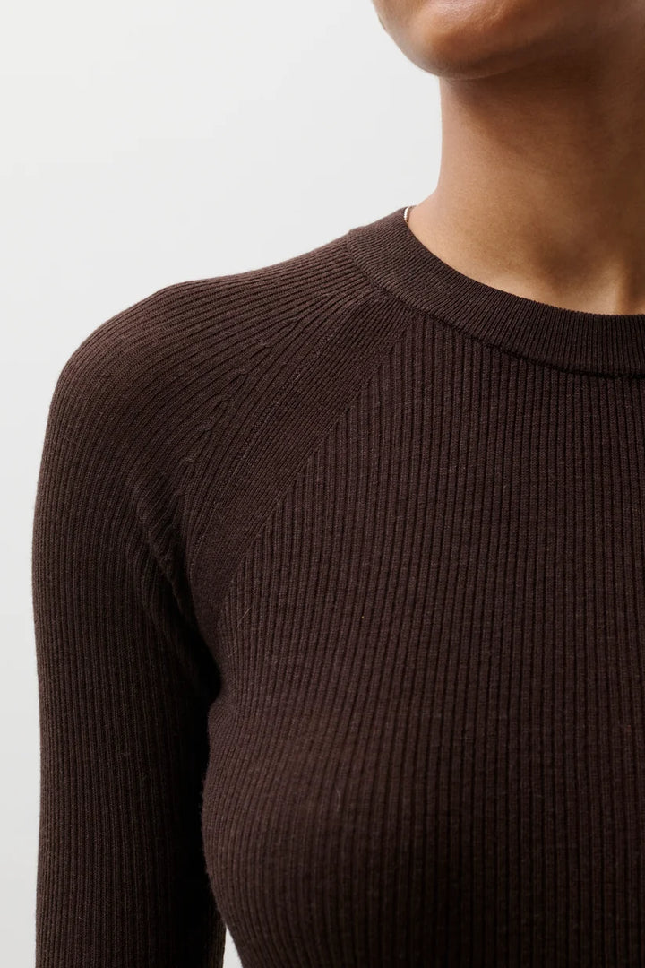 Pistola Juno Feather Weight Sweater Mocha — close-up detail, neckline and shoulder seaming