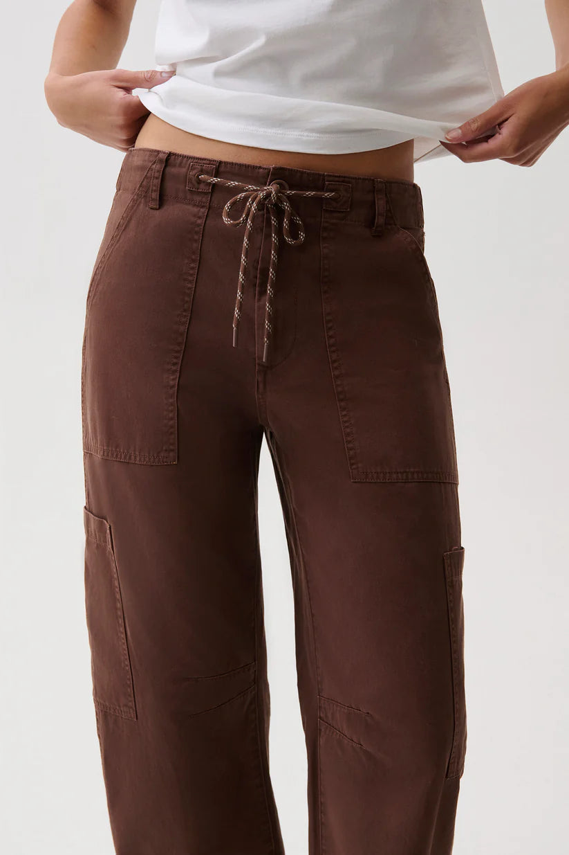 Detail close-up — Pistola Sabrina Curved Utility Pants in Lindt, contrast rope drawstring and patch pocket detail