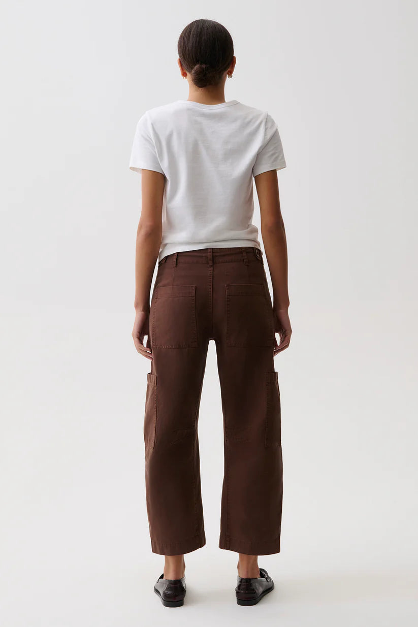 Back on-model — Pistola Sabrina Curved Utility Pants in Lindt, patch pocket and cargo pocket back detail