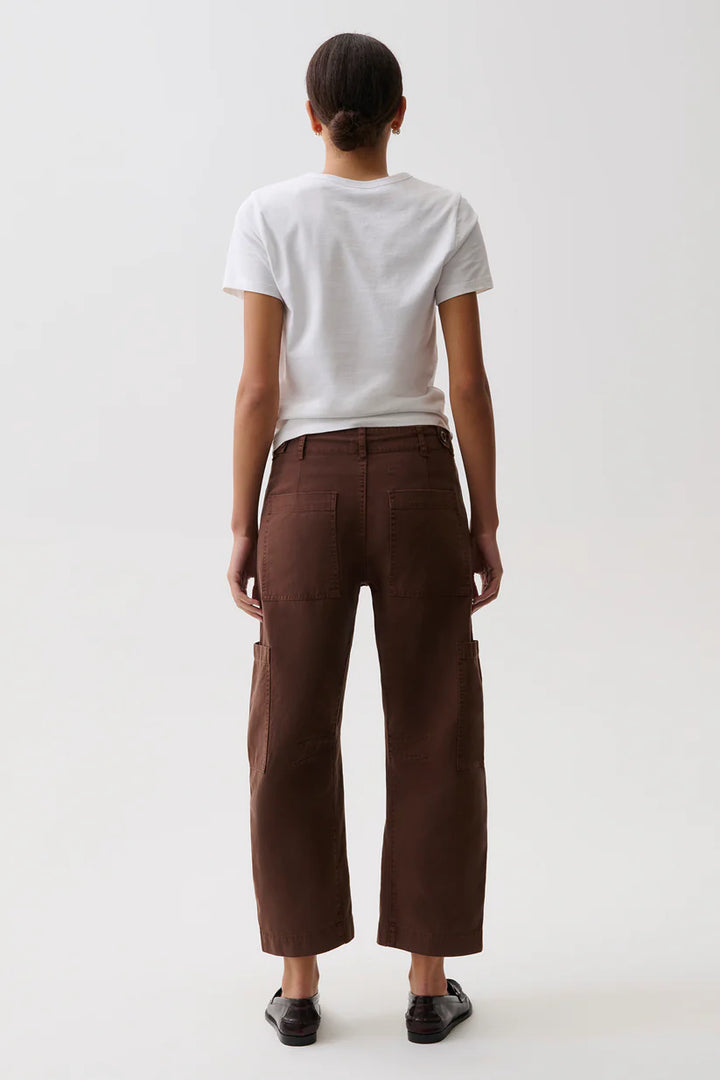 Back on-model — Pistola Sabrina Curved Utility Pants in Lindt, patch pocket and cargo pocket back detail