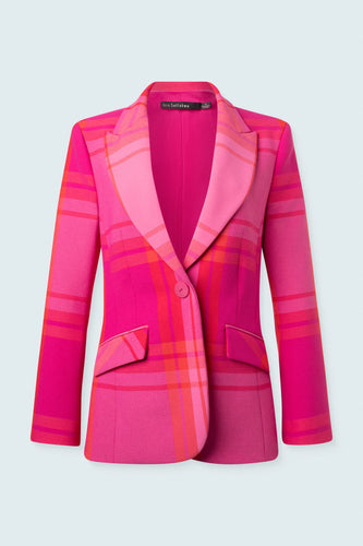 Single Button Blazer Trompet Sleeve- Pink Red Plaid