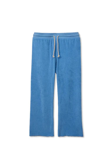 Pacific blue loop terry capri pant with natural drawcord waist and straight cropped leg, flat lay on white background — perfectwhitetee Eliana Loop Terry Pant