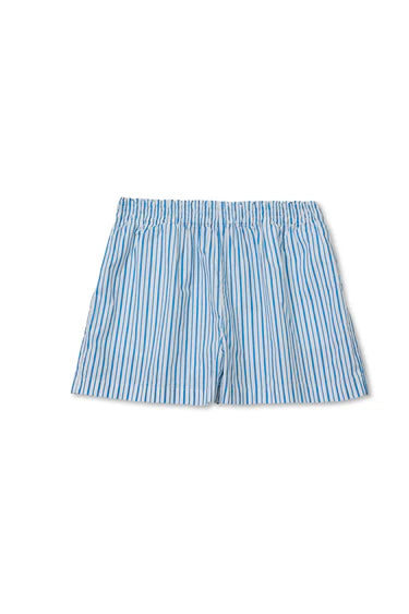 White and blue vertical stripe cotton poplin shorts with smocked elastic waistband and clean hem, flat lay on white background — perfectwhitetee Julie Poplin Short in Pacific Blue Stripe