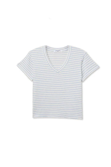 White and blue stripe brushed v-neck sweater tee with short sleeves and cropped hem, flat lay on white background — perfectwhitetee Elliot Brushed V-Neck Tee in Pacific Stripe