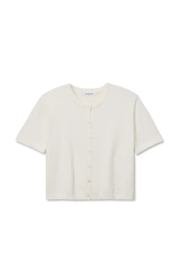 White cotton short sleeve cardigan with crew neckline, full button front, ribbed cuffs and hem, flat lay on white background — perfectwhitetee Maude Cotton Short Sleeve Cardigan in White
