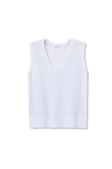 White open-stitch cotton knit sweater tank with deep U-neckline and ribbed hem, flat lay on white background — perfectwhitetee Peggy Cotton Sweater Tank in White
