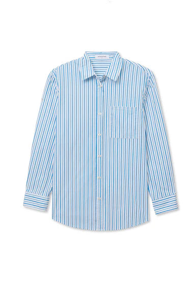 White and blue vertical stripe cotton poplin button-down shirt with point collar, pearlescent buttons, and single chest patch pocket, flat lay on white background — perfectwhitetee Avalon Button-Down in Pacific Blue Stripe