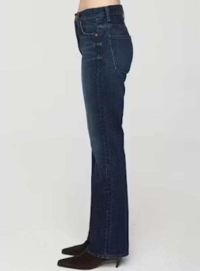 Pistola Dakota High Rise Authentic Bootcut jeans in Skyscraper wash, side profile view, showing rise height and leg silhouette.