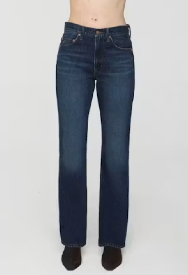 Pistola Dakota High Rise Authentic Bootcut jeans in Skyscraper wash, close front view, showing waistband, pocket detailing, and hardware.