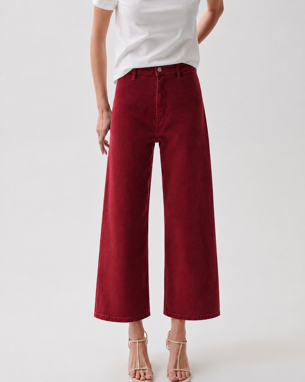 Pistola Penny Crop High Rise Wide Leg Corduroy in Deep Crimson, detail view, close-up of high rise waistband and front pocket construction.