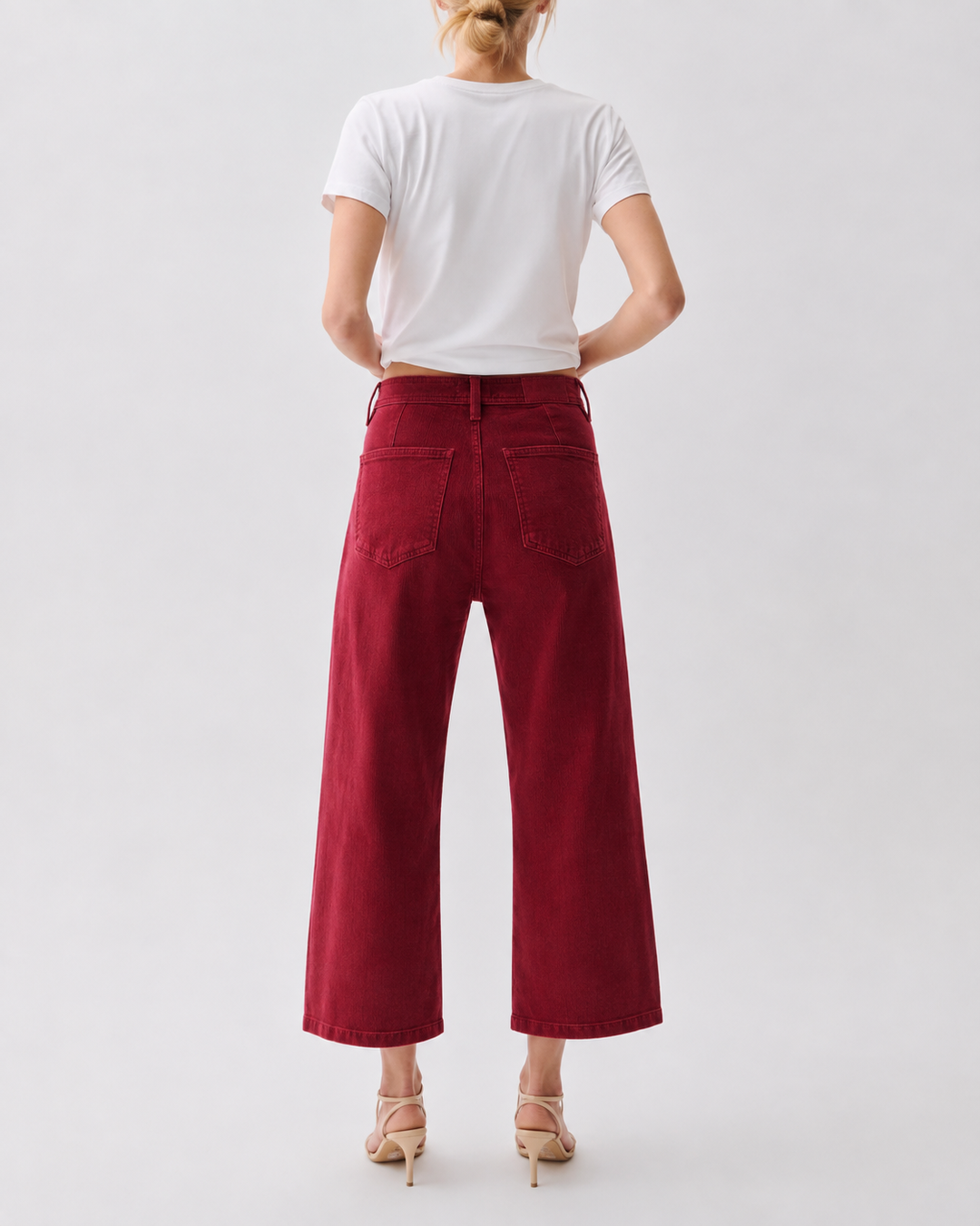 Pistola Penny Crop High Rise Wide Leg Corduroy in Deep Crimson, back view, showing five-pocket detailing and cropped hem.
