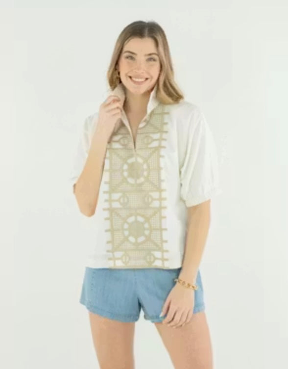 Emily McCarthy Poppy Top in Trellis ivory cotton with geometric taupe embroidery panel and open V-collar 2