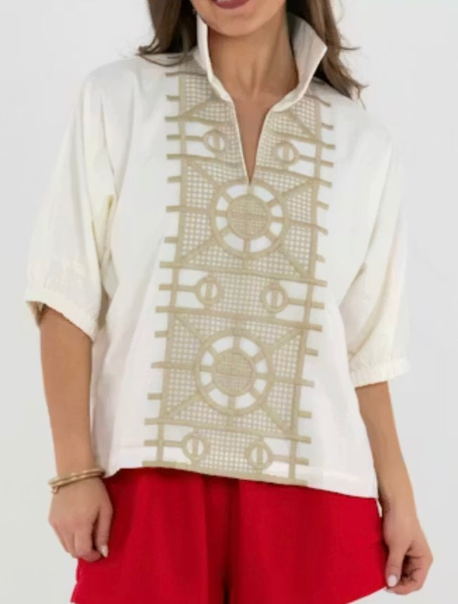 Emily McCarthy Poppy Top in Trellis ivory cotton with geometric taupe embroidery panel and open V-collar