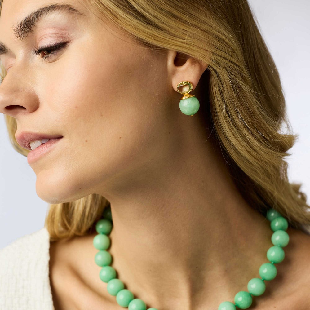 Julie Vos Portofino Earring in Aqua Jade worn at the ear, jade and imported glass detail in gold plate setting