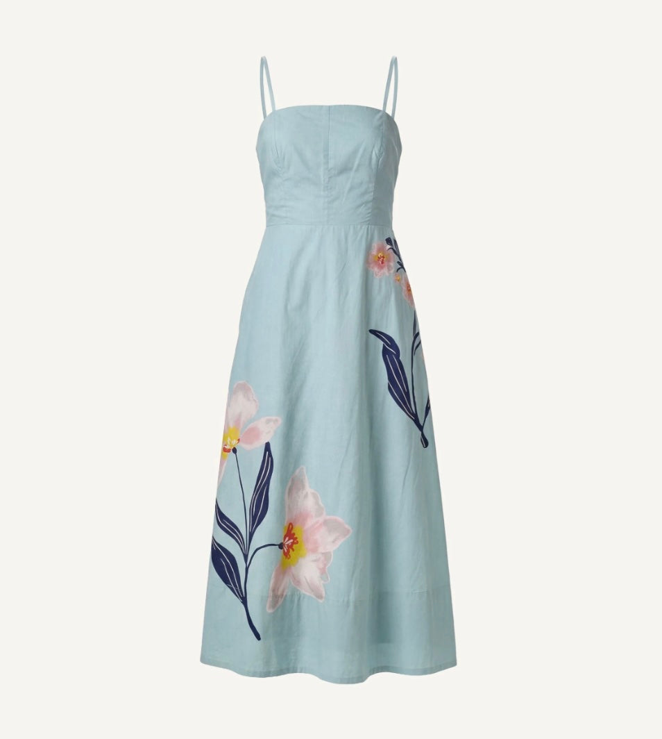 Cleobella Riley Ankle Dress in Moresco Blue Surf, square neck with adjustable straps and large-scale orchid placement print