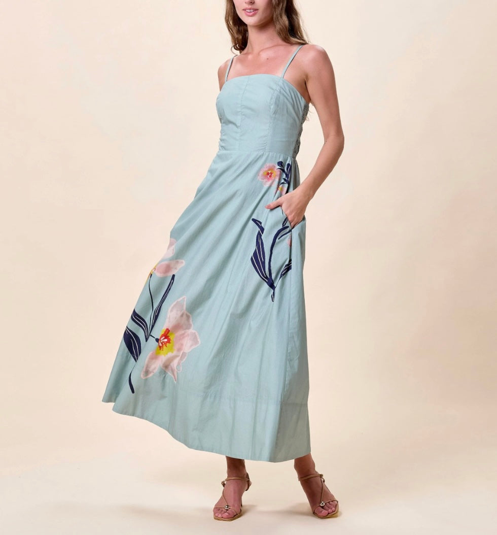 Cleobella Riley Ankle Dress in Moresco Blue Surf, square neck with adjustable straps and large-scale orchid placement print