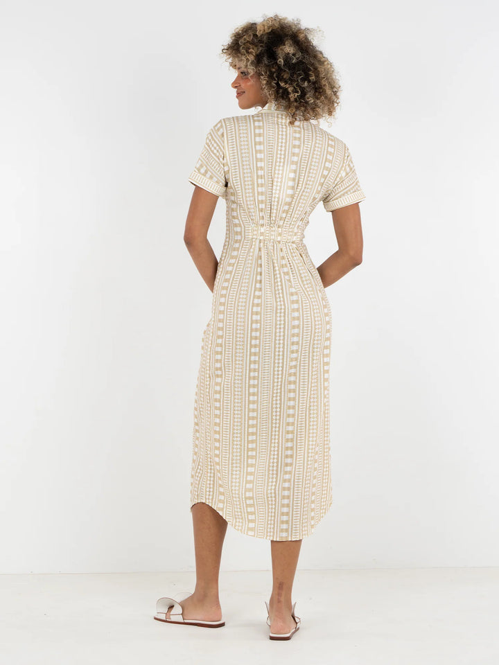 Back view of Emily McCarthy Georgia Dress in Piazza Stripe showing tailored midi silhouette, elastic back waist panel, and curved hem detail.