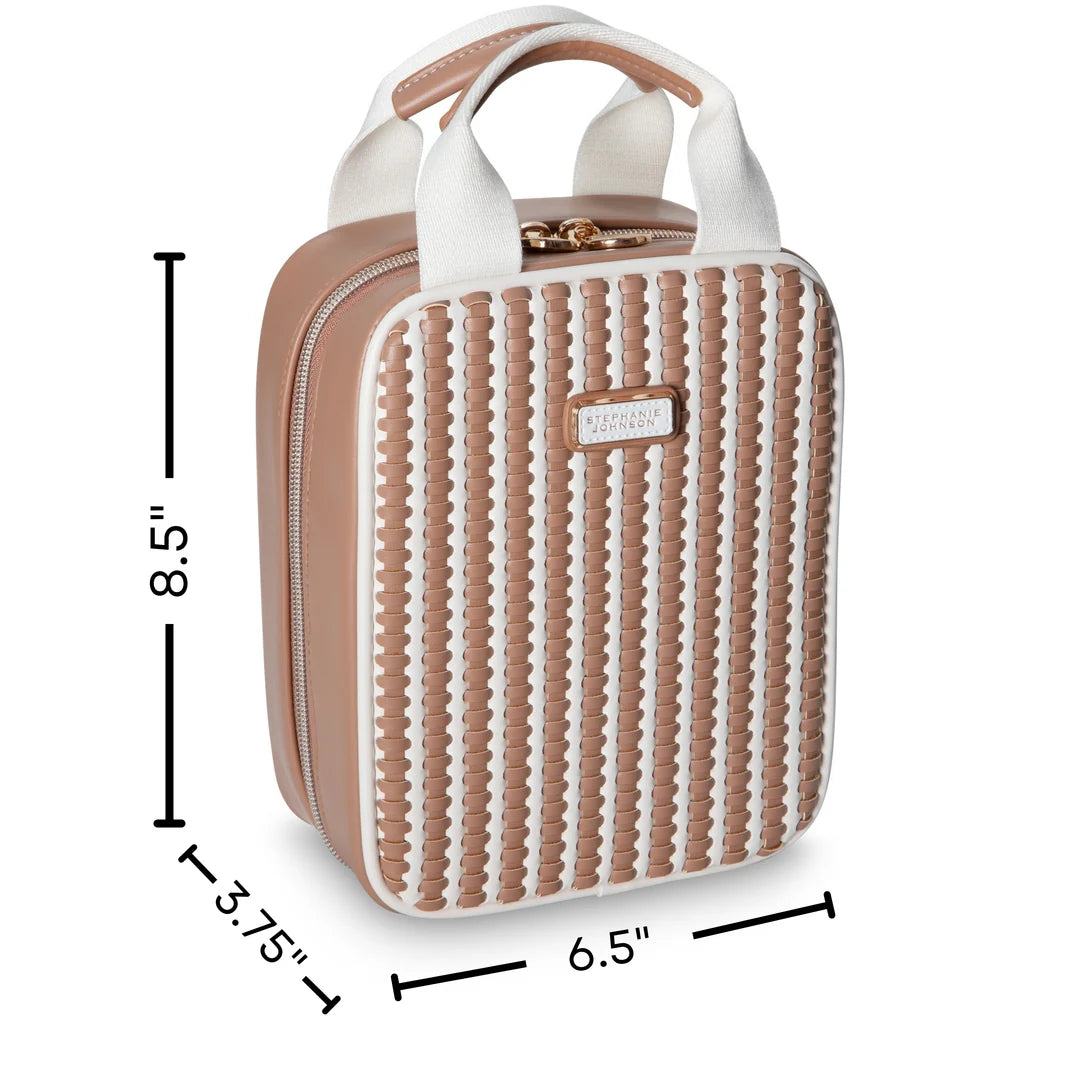 Dimension view: Stephanie Johnson Sasha Travel Bag in Marbella colorway with measurement callouts showing 8.5 inches height, 6.5 inches width, and 3.75 inches depth.