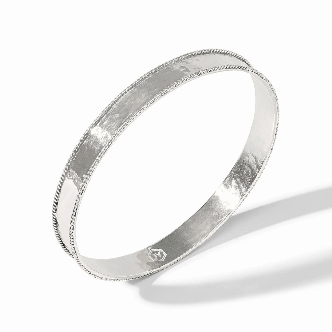 Inside of Julie Vos Savoy Bangle in silver plate with hammered face and rope-edge detail.