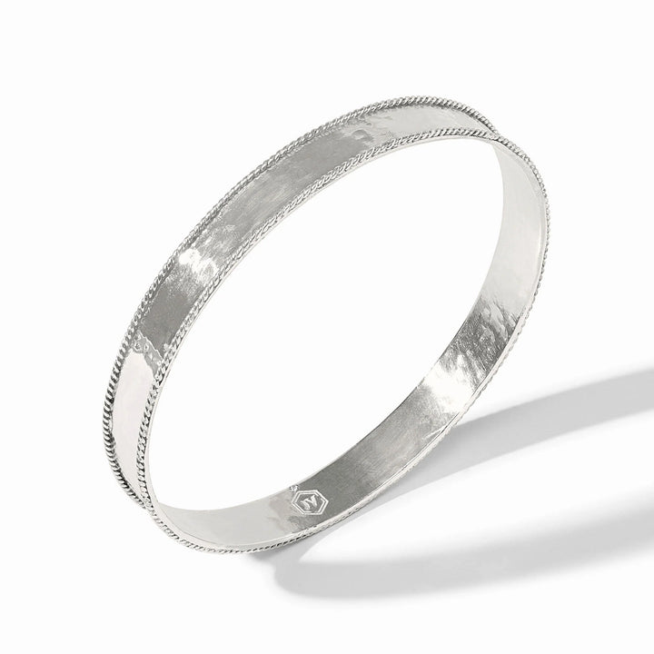 Inside of Julie Vos Savoy Bangle in silver plate with hammered face and rope-edge detail.