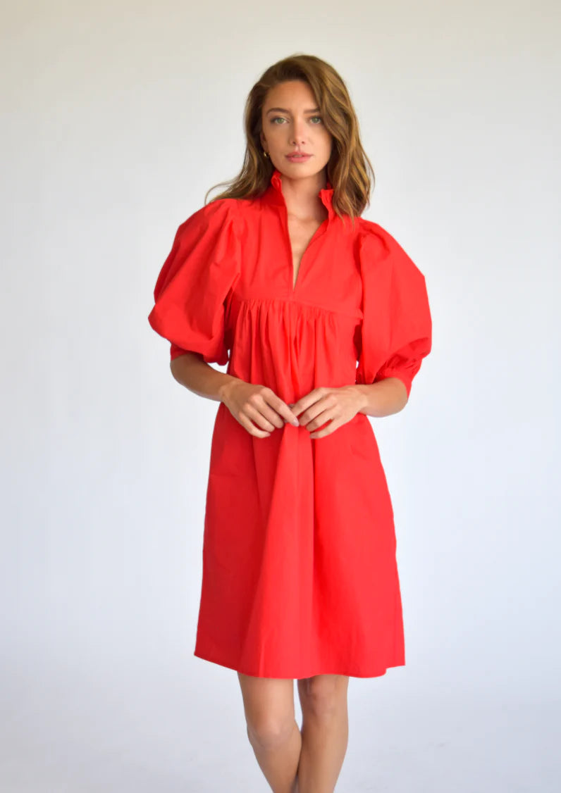 High Neck Windowpane Dress - Red