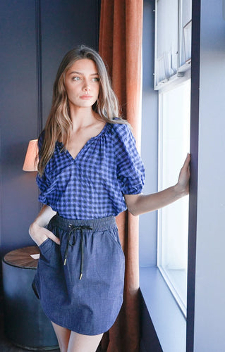 Gathered V-Neck Top - Cobalt Check