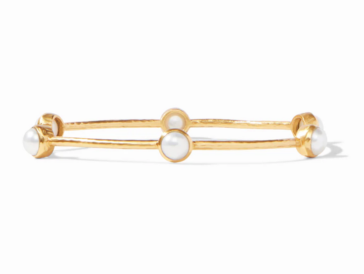 Julie Vos Milano Luxe Bangle in 24K gold plate with glass stone clusters or pearl and hammered band.