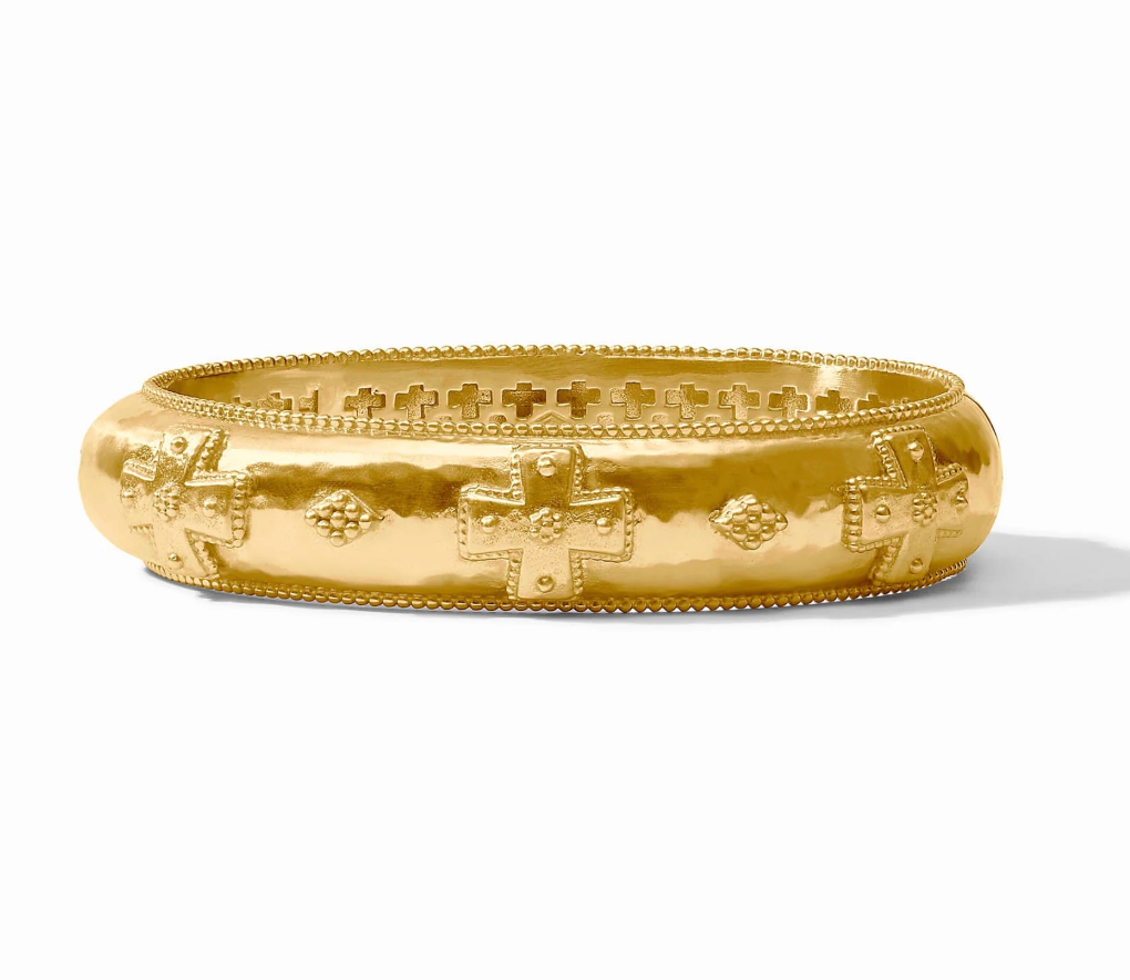 Julie Vos Canterbury Hinge Bangle in 24K gold plate — wide hammered band with cross motif and milgrain detail.