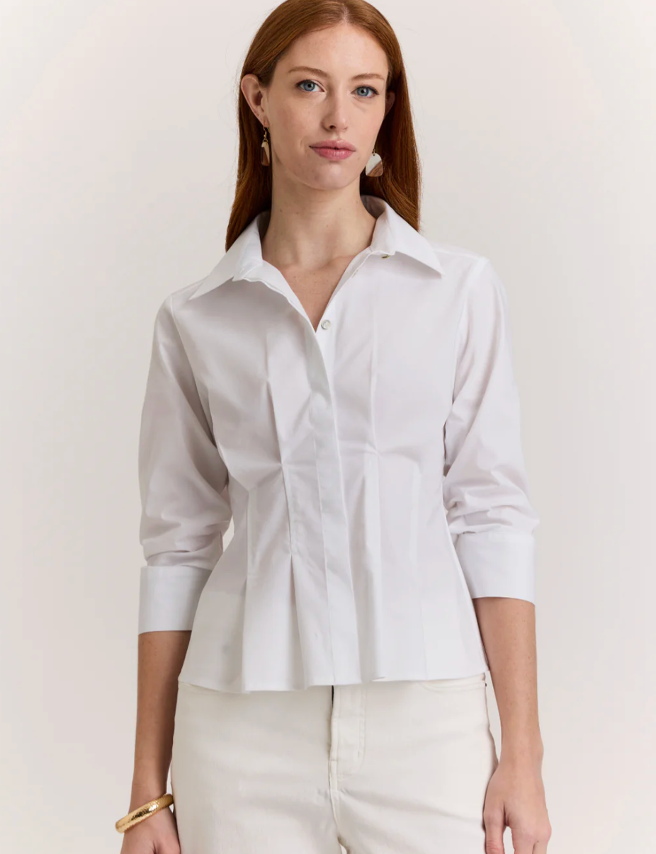 Hinson Wu Martina 3/4 Sleeve Shirt in stretch polished cotton, fitted waist with seaming detail, concealed button placket, point collar, shown on model facing forward.
