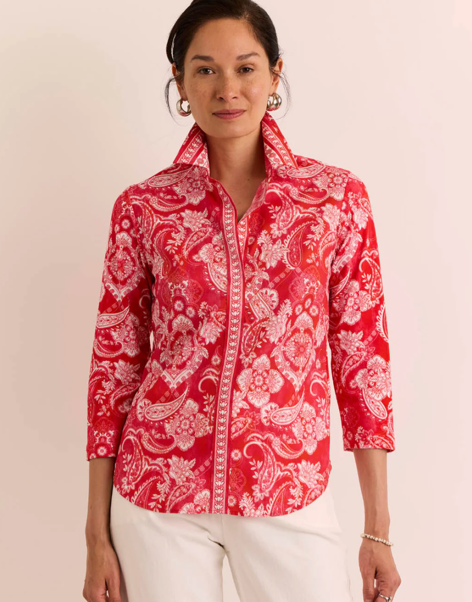 Hinson Wu Lizette 3/4 Sleeve Painted Paisley Top in red and cream paisley print, point collar, faux placket front, shown on model facing forward.

