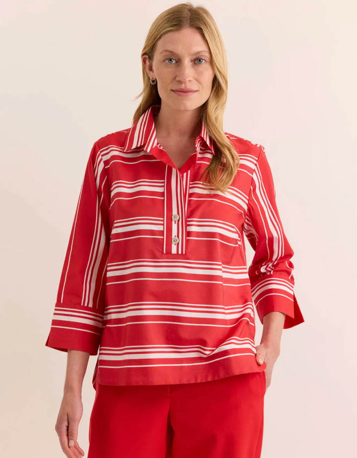Hinson Wu Aileen 3/4 Sleeve Rouge/White Stripe Top, popover style with point collar and partial button placket, shown on model facing forward.