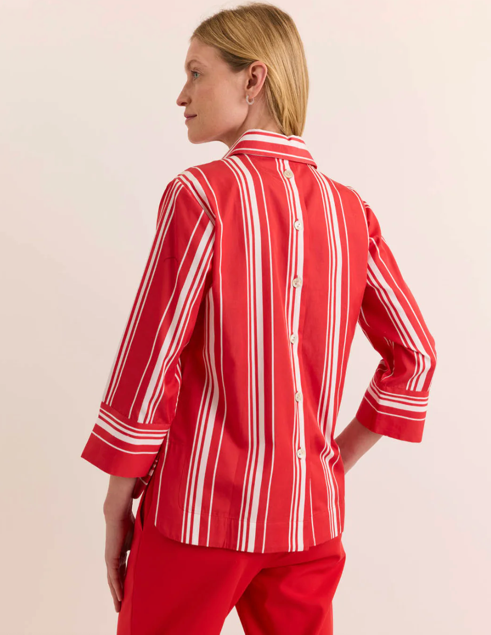 Hinson Wu Aileen Top, back view showing button detail and stripe pattern alignment in rouge and white.