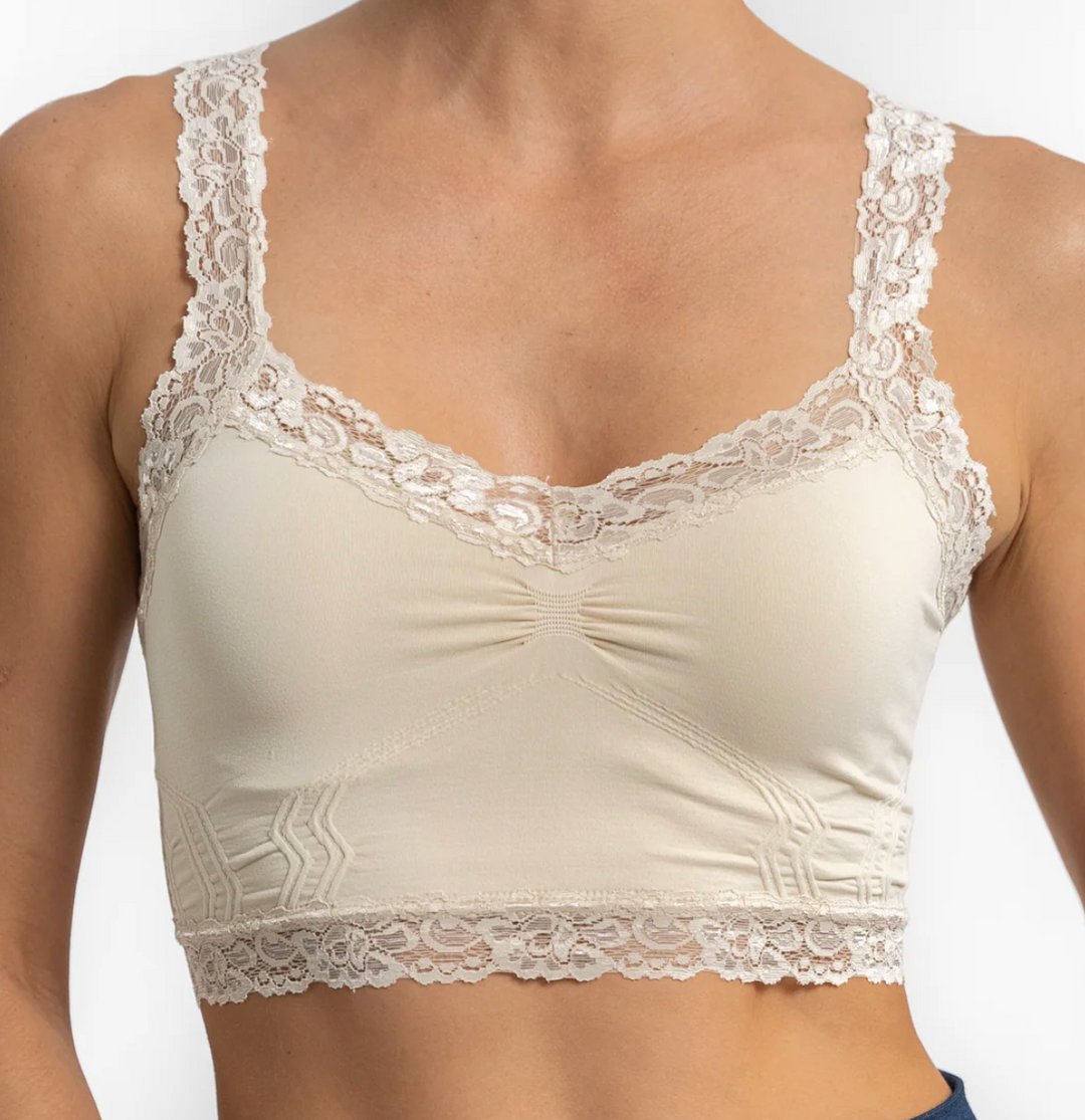 Elietian Lace Bralette in nude/sand with floral lace trim at neckline and hem, showing soft stretch construction and gathered center front.