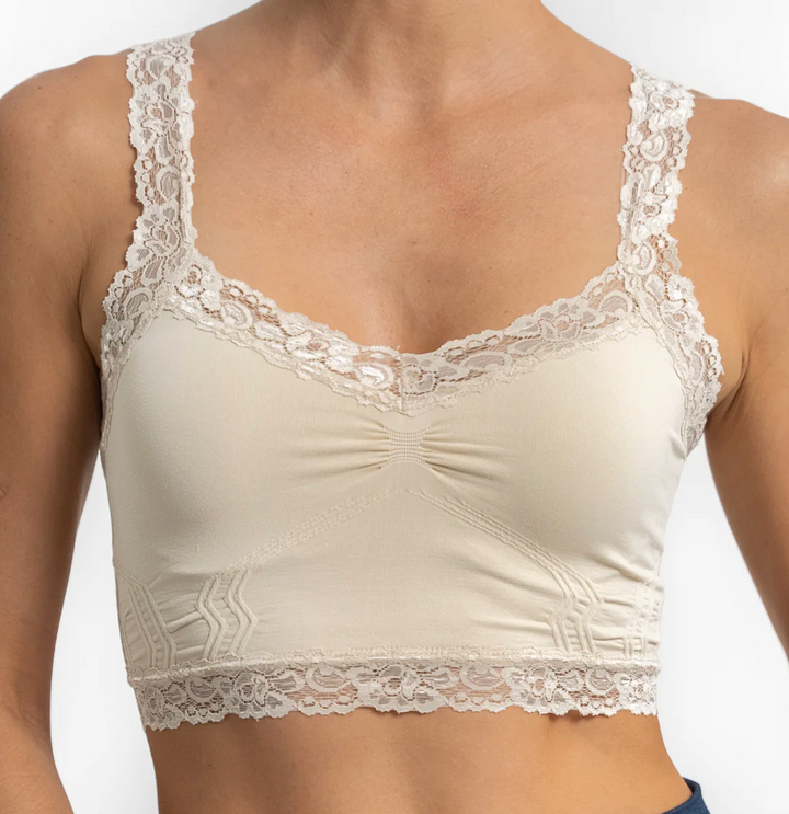 Elietian Lace Bralette in nude/sand with floral lace trim at neckline and hem, showing soft stretch construction and gathered center front.
