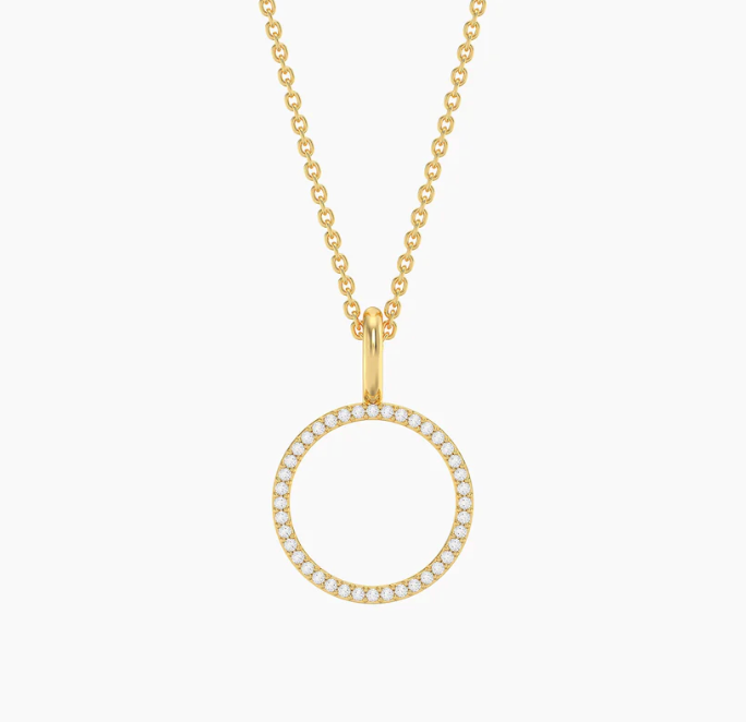 Standing O Pendant Necklace, open circle diamond pendant on fine cable chain, shown on white background, natural diamond pavé setting with polished gold bail, lobster clasp closure visible