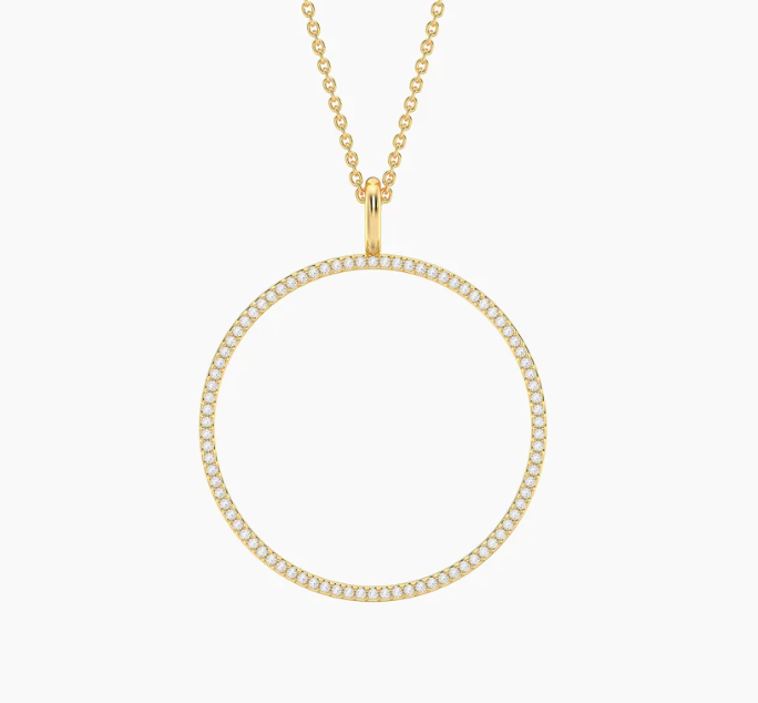You Are My Everything Pendant Necklace, large open circle pendant fully lined with natural diamond pavé, fine cable chain on white background, polished bail, lobster clasp