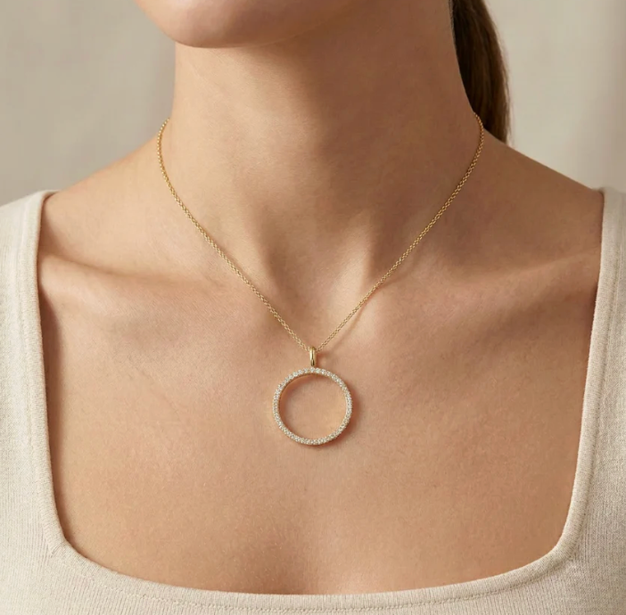 You Are My Everything Pendant Necklace worn at mid-chest on model in cream square-neck top, oversized open circle diamond pendant on gold-tone cable chain