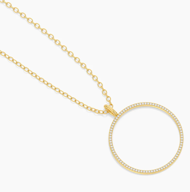 You Are My Everything Pendant Necklace, angled flat lay showing cable chain construction and large pavé-set open circle pendant with polished bail detail