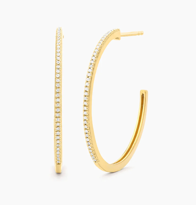 Ella Stein A Hoop Thing Medium Hoop Earrings in gold — flat lay pair showing full hoop silhouette with pavé natural diamond outer edge and post back closure.