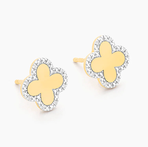 Ella Stein Classic Bloom Clover Stud Earrings in gold — straight flat lay pair showing full clover shape, high-polish center face, and continuous pavé diamond border in gold plating.
