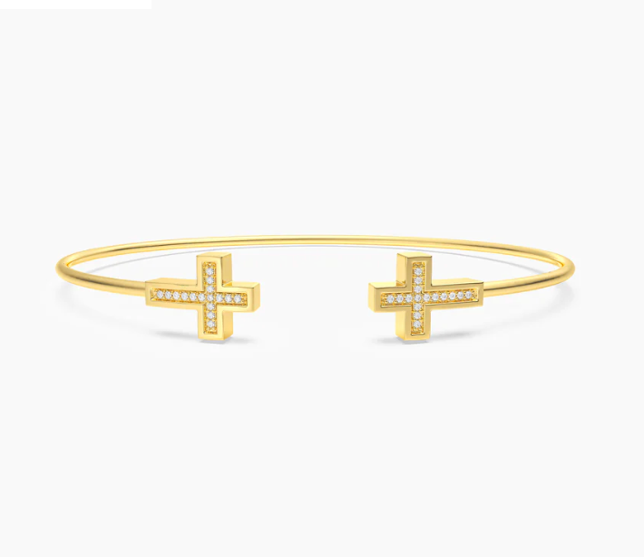 Ella Stein Cross Flexi Cuff Bracelet in gold — front flat lay showing open cuff silhouette with pavé natural diamond Greek cross terminals at each end and slim wire band.