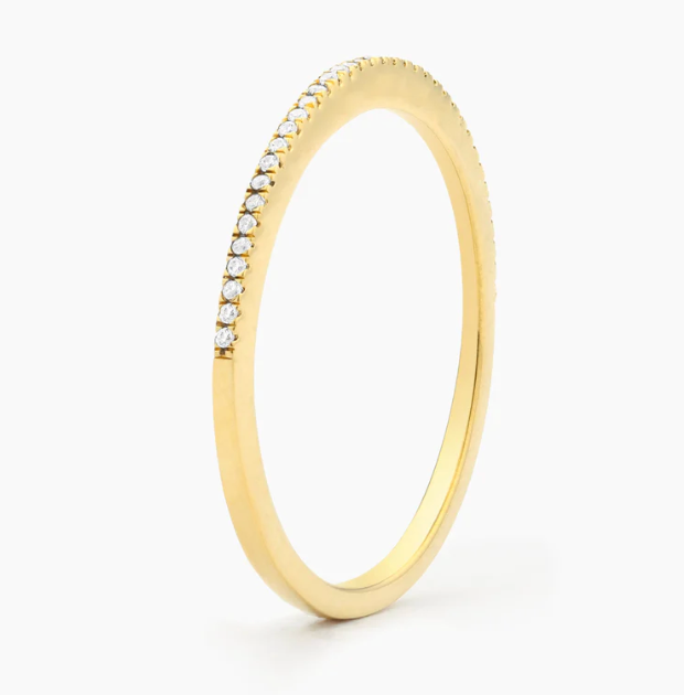 Ella Stein For All Eternity Stack Ring in gold — side profile showing slim band thickness, pavé diamond arc, and smooth inner shank in gold plating.